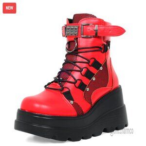 Platform Combat Boots Chunky Heel Ankle Booties Side Zip Lace Up